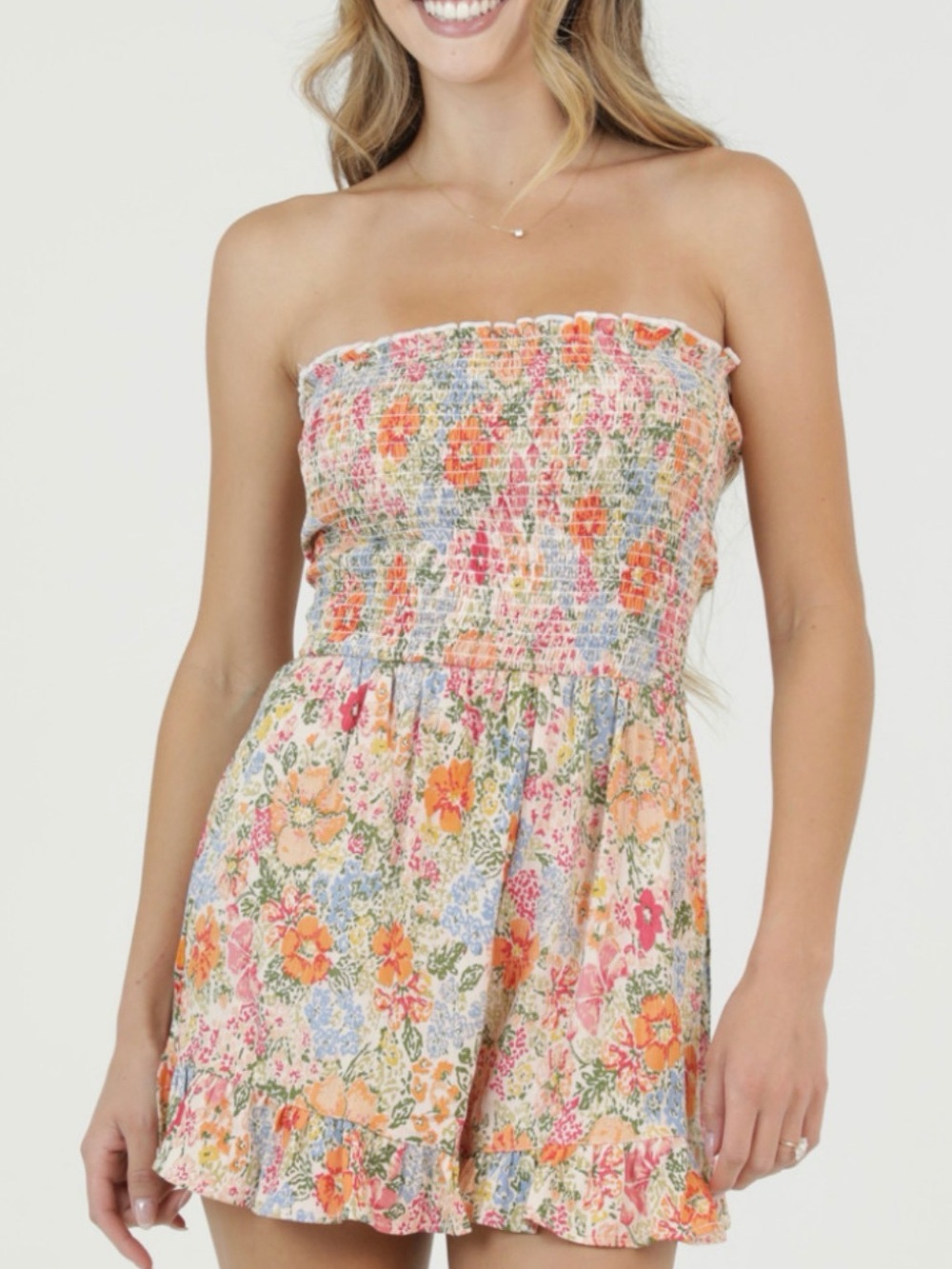 Angie Floral Smocked Strapless Romper in Peach & Blue